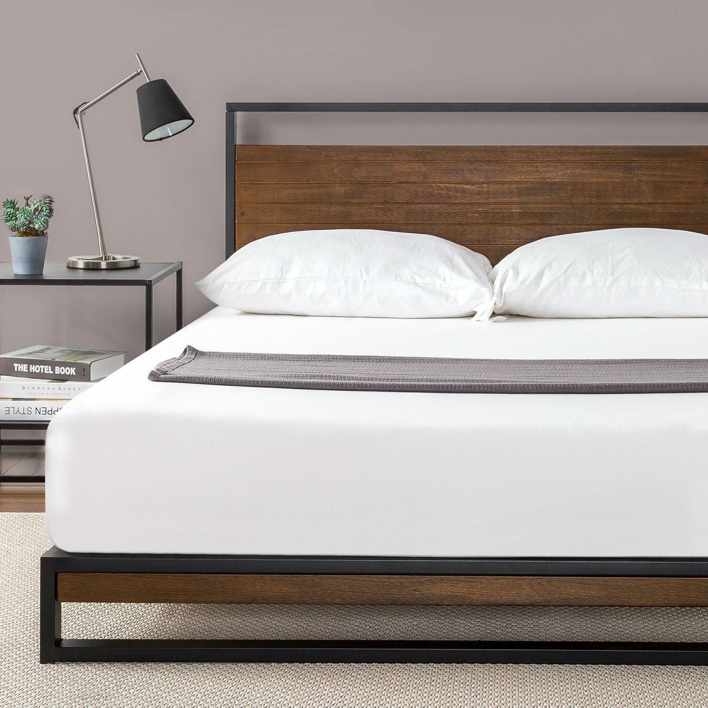 Twin size metal-wood platform bed frame with headboard, black metal frame and brown wood panel headboard