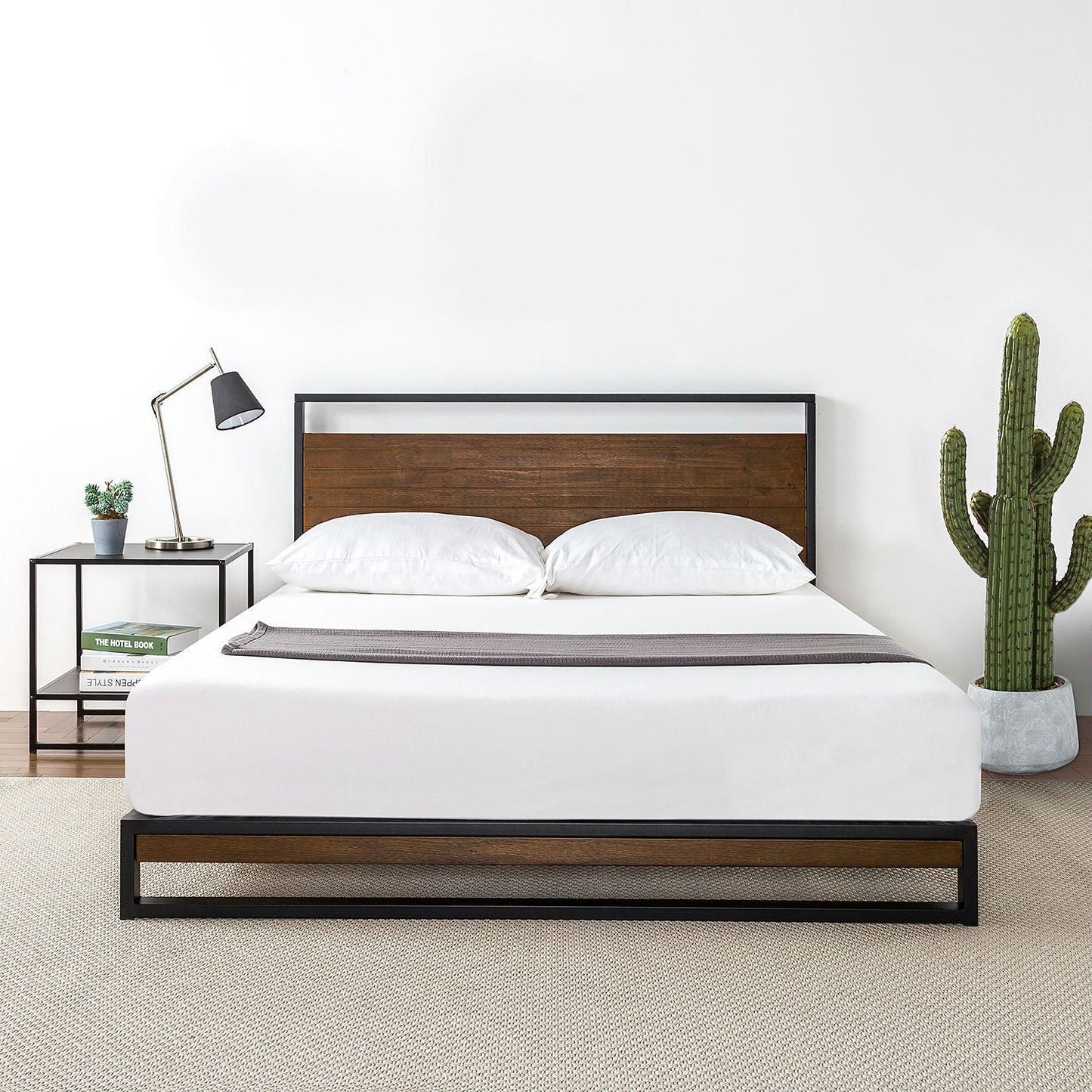 Twin size metal-wood platform bed frame with headboard, black metal frame and brown wood panel