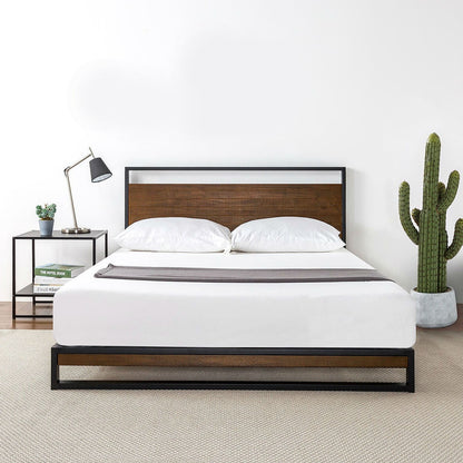 Twin size metal-wood platform bed frame with headboard, black metal frame and brown wood panel
