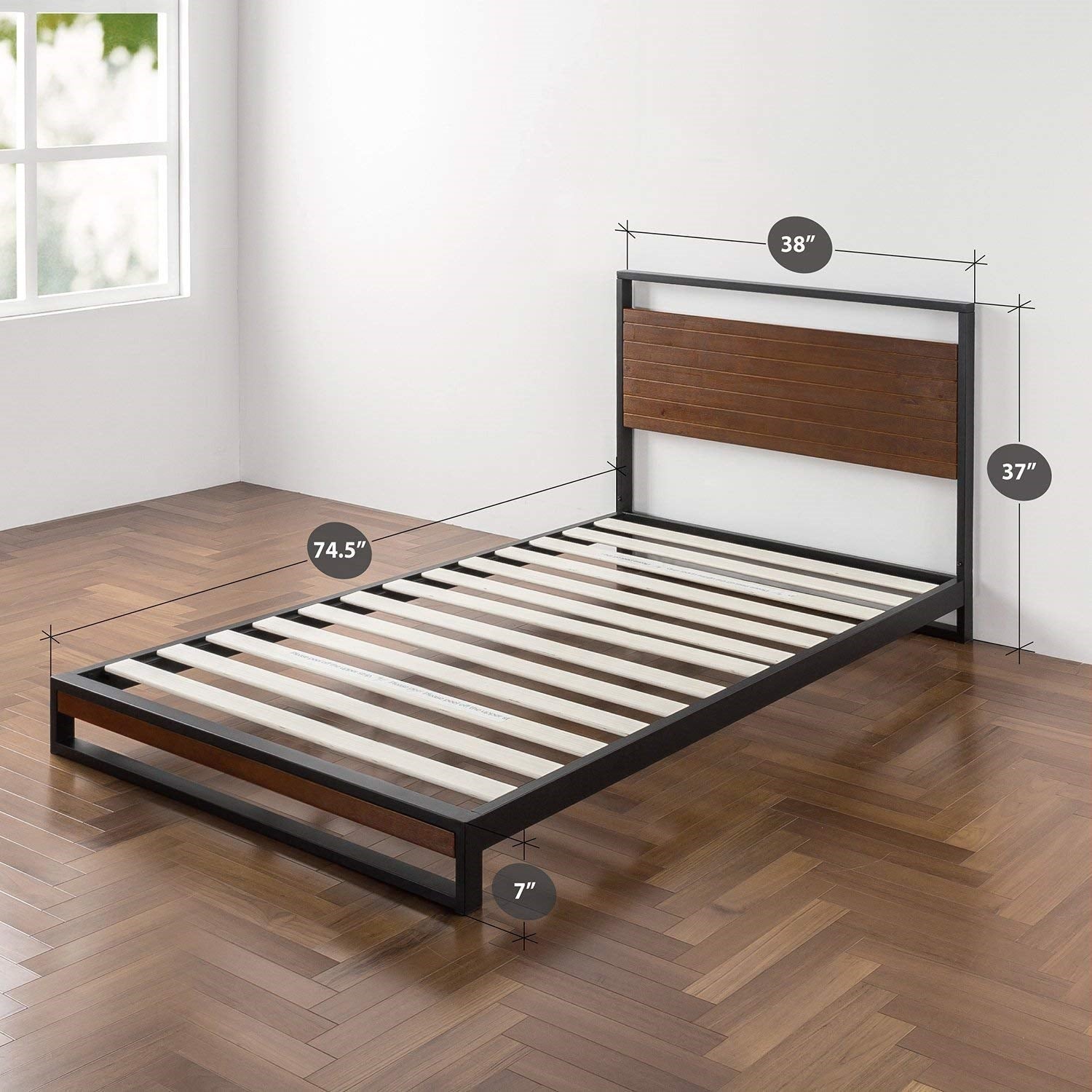 Twin size metal-wood platform bed frame with headboard, black frame and brown wood panel, by FastFurnishings