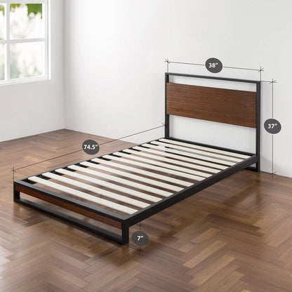 Twin size metal-wood platform bed frame with headboard, black frame and brown wood panel, by FastFurnishings