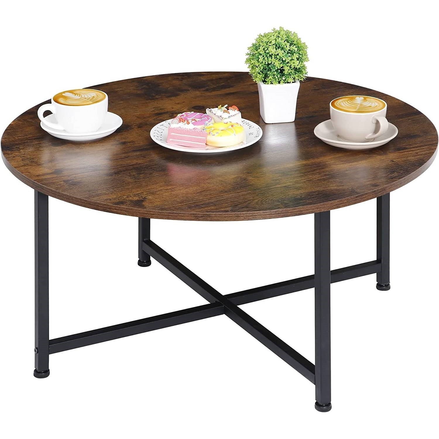 Modern Round Industrial Coffee Table with Rustic Brown Wood Top — Chic Home-Decor