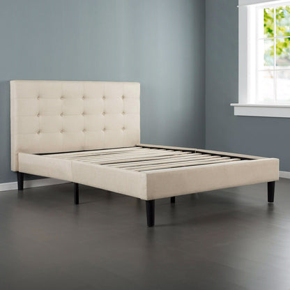 Twin size Taupe Fabric Upholstered Platform Bed with Tufted Headboard