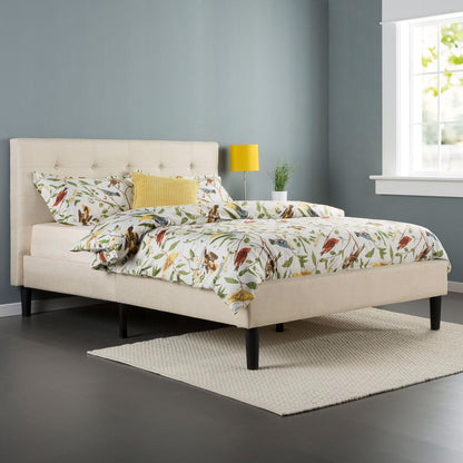 Twin size Taupe Fabric Upholstered Platform Bed with Tufted Headboard