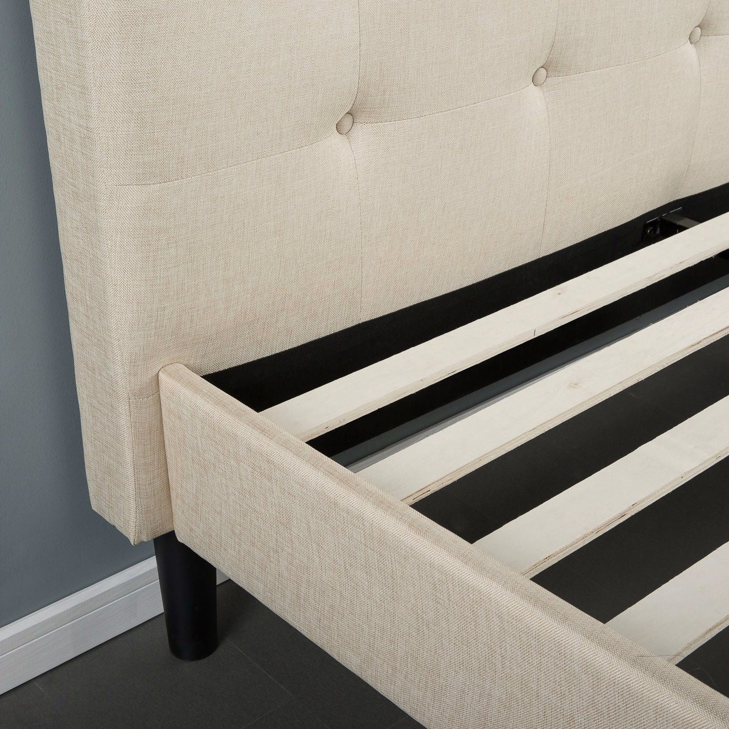 Twin size Taupe Fabric Upholstered Platform Bed with Tufted Headboard