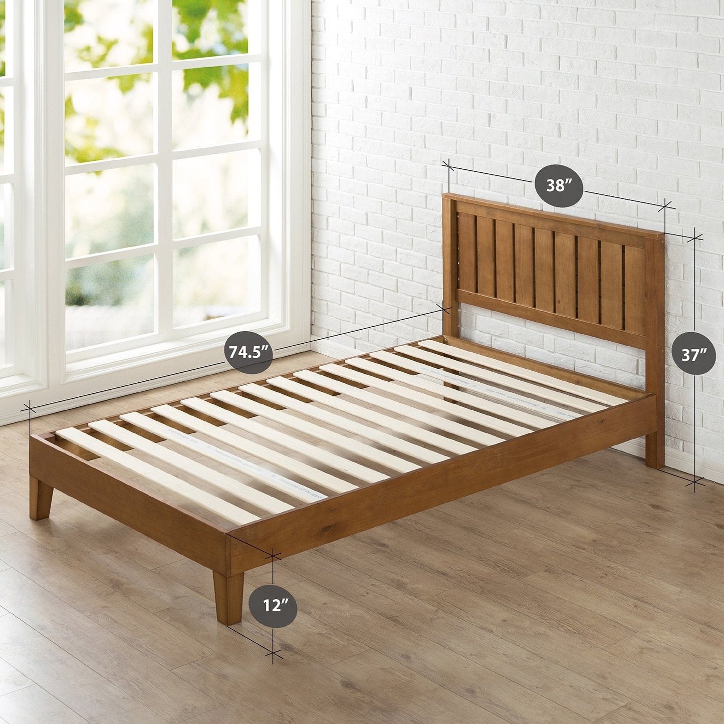 Twin solid wood platform bed frame with headboard in medium brown finish by FastFurnishings