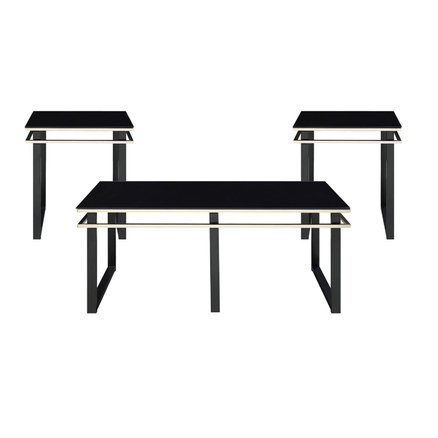 Amyra 3pc Occasional Coffee and End Table Set, Black Glass, Gold
