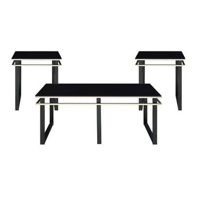 Amyra 3pc Occasional Coffee and End Table Set, Black Glass, Gold