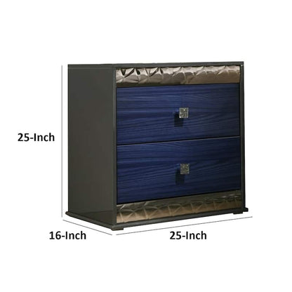 Zara Nightstand w 2 Drawers, Crystal Knobs, Ash Gray, Indigo Blue Wood