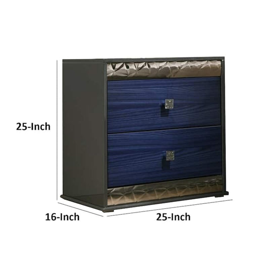 Zara Nightstand w 2 Drawers, Crystal Knobs, Ash Gray, Indigo Blue Wood