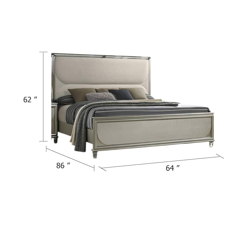 Zema Queen Bed, Upholstered Headboard w LED, Silver Wood, Acrylic Legs