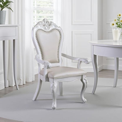 Zenie Dining Armchair Set of 2, Carved Cabriole, Faux Leather, White Wood