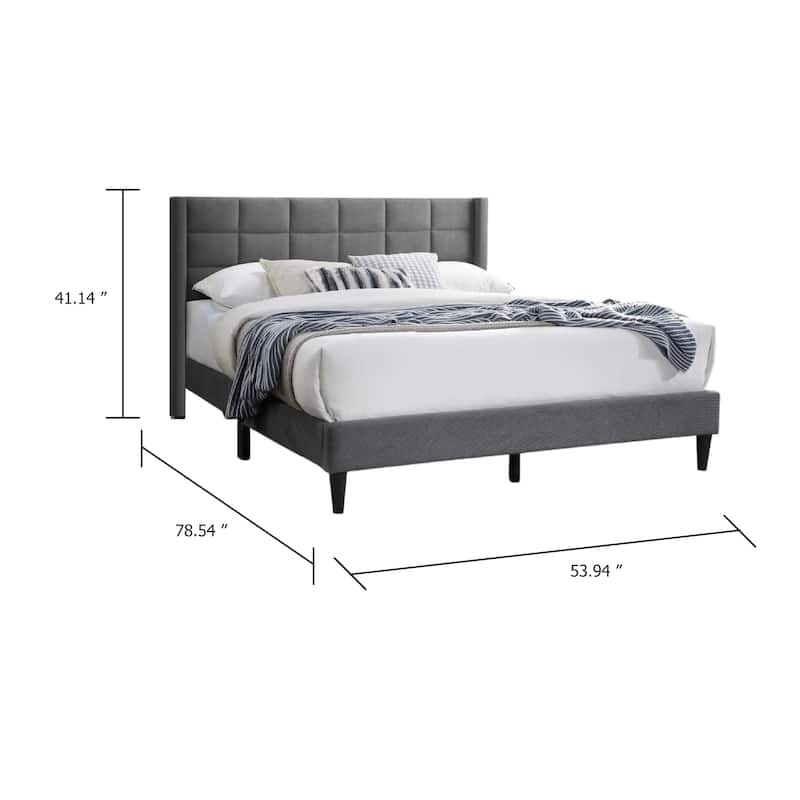 Zensa Full Bed, Light Gray Linen Upholstery, Padded Wing Headboard