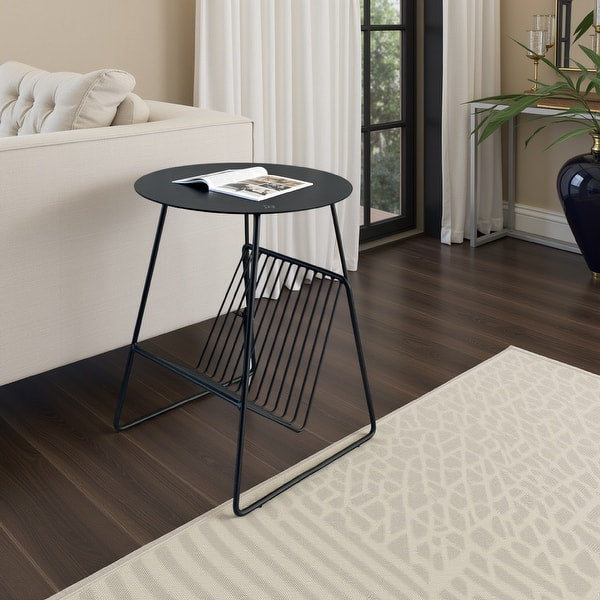 Zeo Side End Table w Magazine Rack, 14 Inch Round Top, Black Metal