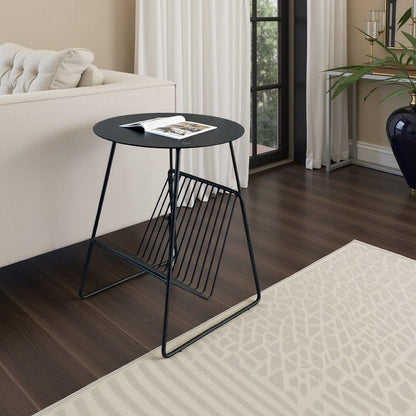 Zeo Side End Table w Magazine Rack, 14 Inch Round Top, Metal – Black