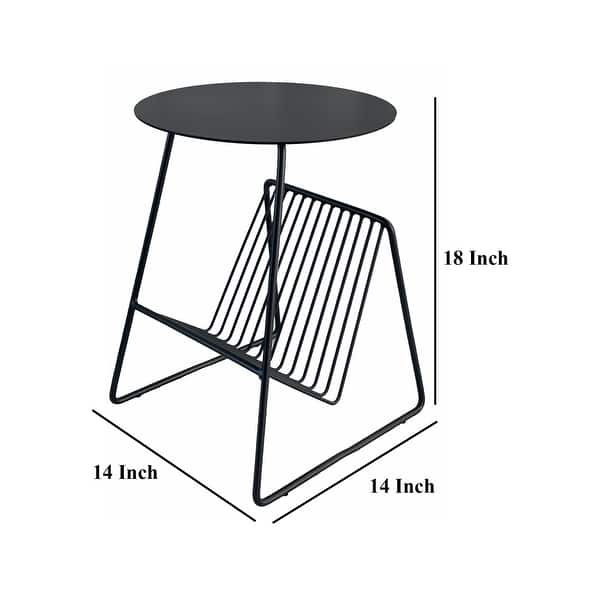Zeo Side End Table w Magazine Rack, 14 Inch Round Top, White Metal