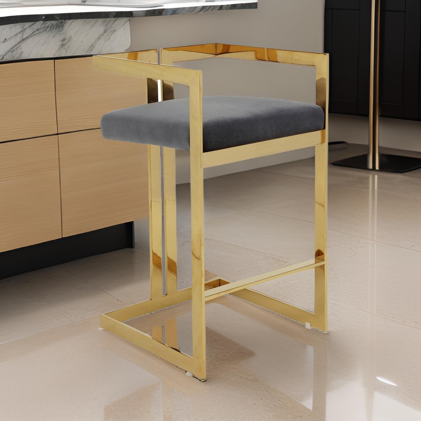 Zie 30 Inch Barstool Chair, Gray Velvet Padded Seat, Gold Steel Finish