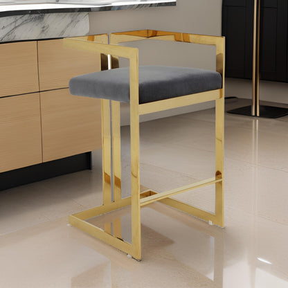 Zie 30 Inch Barstool Chair, Gray Velvet Padded Seat, Gold Steel Finish