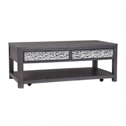 Zoko 48 Inch Coffee Table, Caster Wheels, Drawers, Ash Gray Rubberwood