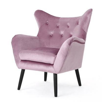 Zorro Accent Armchair, Black Angled Wood Legs, Pink Tufted Velvet