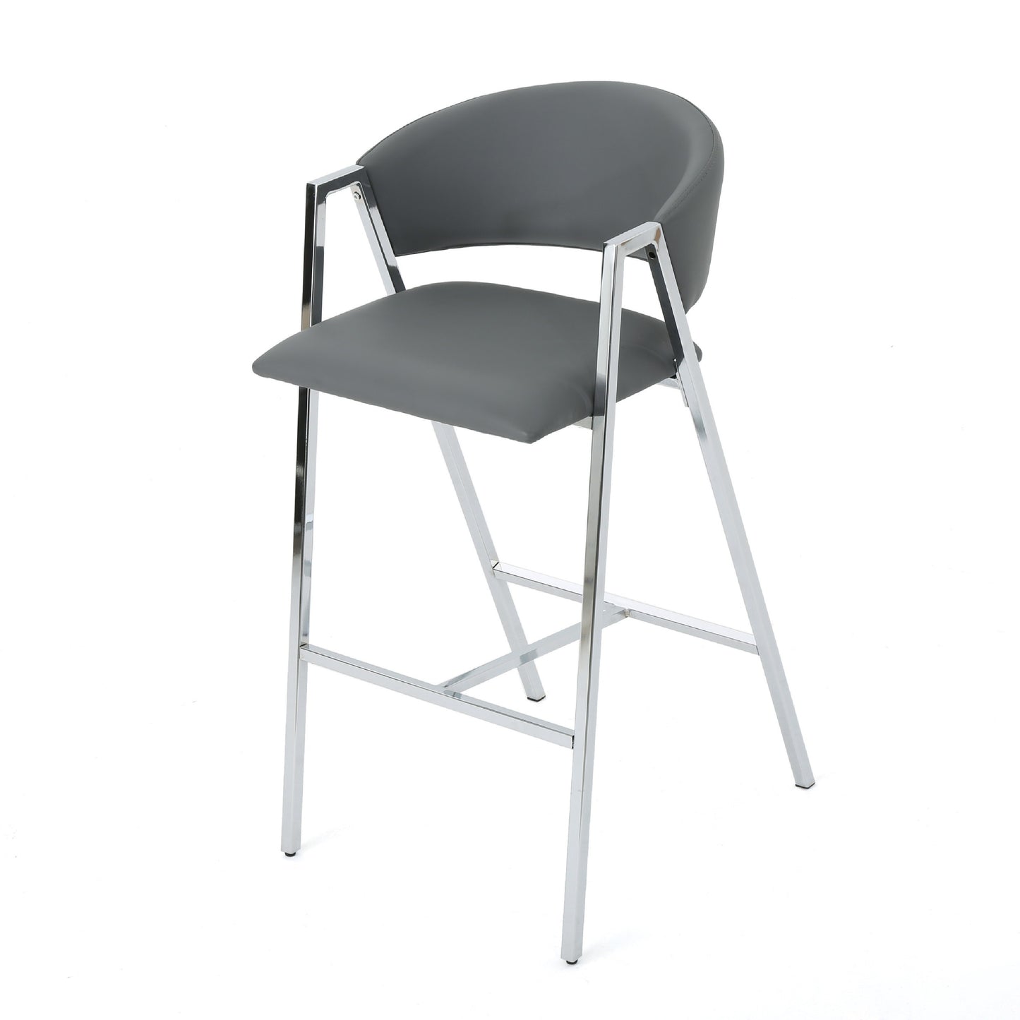 Zoy Barstool Chair Set of 2, Gray Faux Leather Padded, Chrome Iron