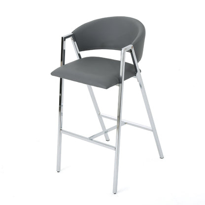 Zoy Barstool Chair Set of 2, Gray Faux Leather Padded, Chrome Iron