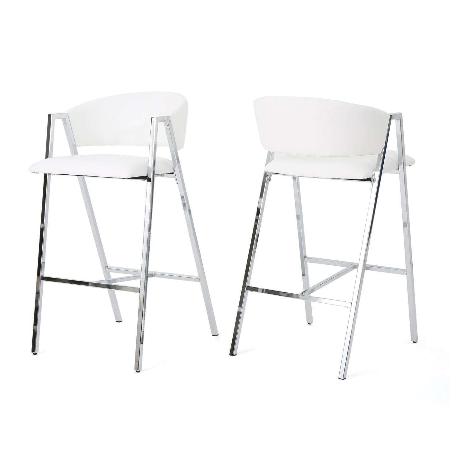Zoy Barstool Chair Set of 2, Ivory Faux Leather, Chrome Metal Frame