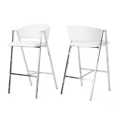 Zoy Barstool Chair Set of 2, Ivory Faux Leather, Chrome Metal Frame
