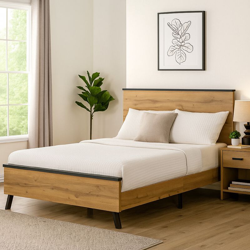 Wemy Full Size Bed, Tall Panel Headboard, Natural Brown Pine Finish