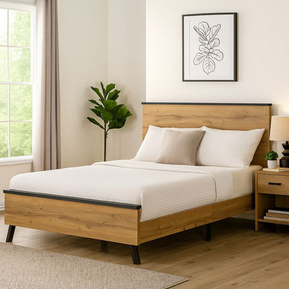 Wemy Full Size Bed, Tall Panel Headboard, Natural Brown Pine Finish