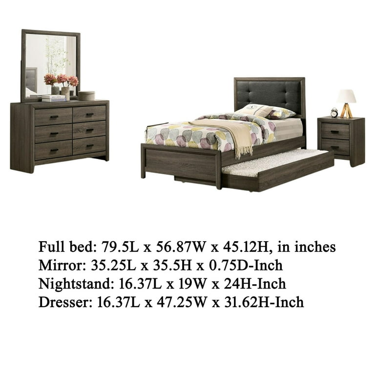 Meli 4pc Full Size Bedroom Set, Upholstered, Dresser, Gray Solid Wood