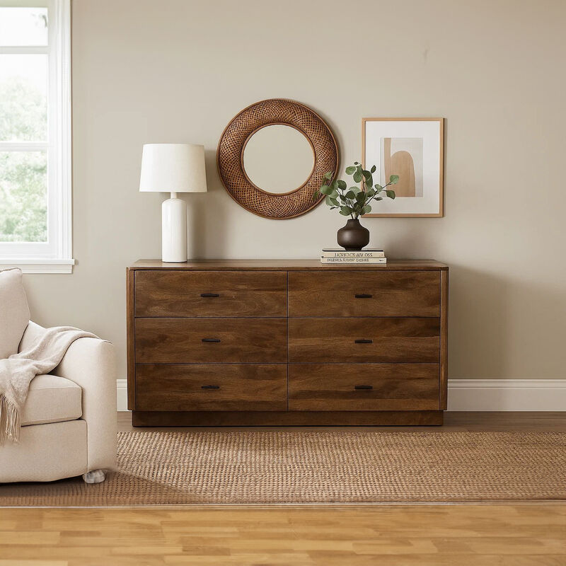 Tao 6 Drawers Dresser, Mango Wood, Walnut Finish, 60"