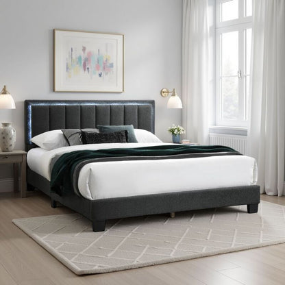 Zemo Queen Size Bed, LED Headboard, Charcoal Gray Wool Upholstery
