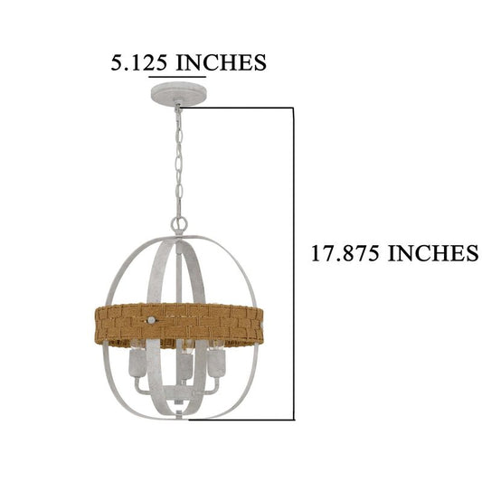 Baty Chandelier, 3 Light Rustic Rattan, Round White Metal 18 Inch