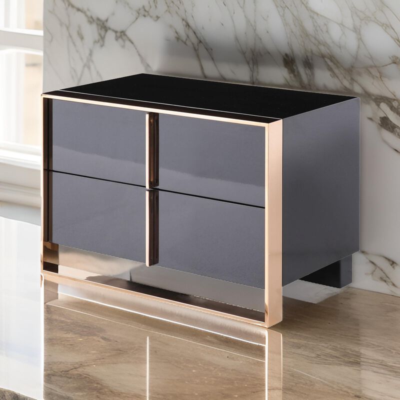 Caer Nightstand, 2 Drawers, Modern Rose Gold Stainless Steel, Black