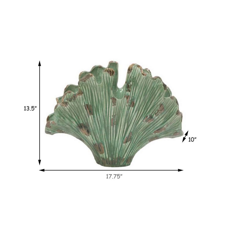 18 Inch Accent Vase, Intricate Kelp Design, Green Ceramic, Brown Accents