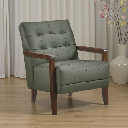 Lenie Accent Armchair, Button Tufted Green Leather, Walnut Brown Wood
