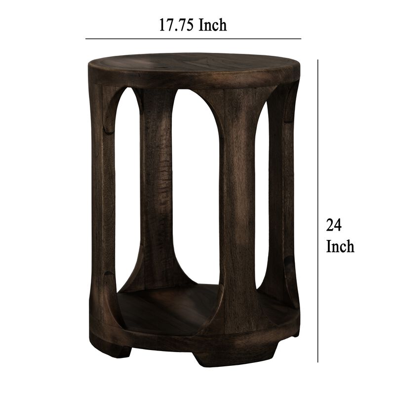Eray Chairside Table with Shelf, Round Open Frame, Black Teak, 18 Inch