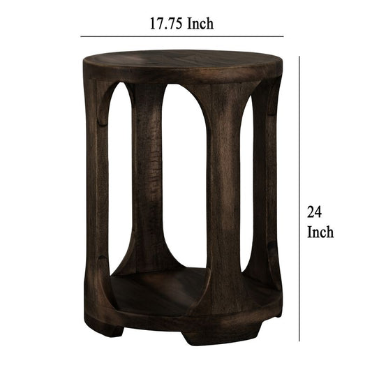 Eray Chairside Table with Shelf, Round Open Frame, Black Teak, 18 Inch