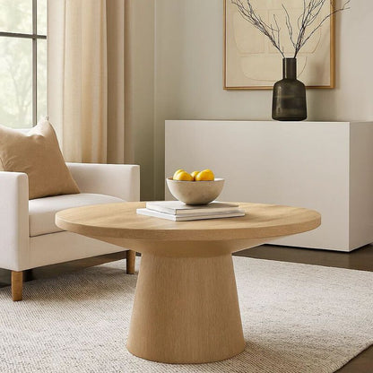 Kily Coffee Table, Pedestal Base, 29 Inch Round Top in Oak Brown