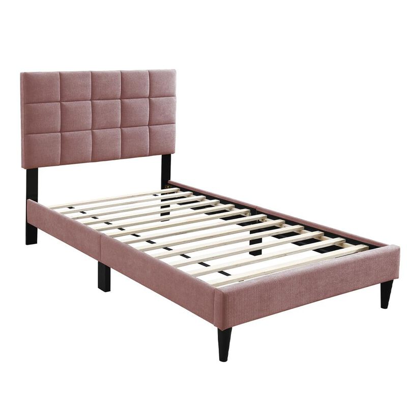 Lilian Full Bed, Tufted Pink Linen Upholstery, Biscuit Tufted Stitch