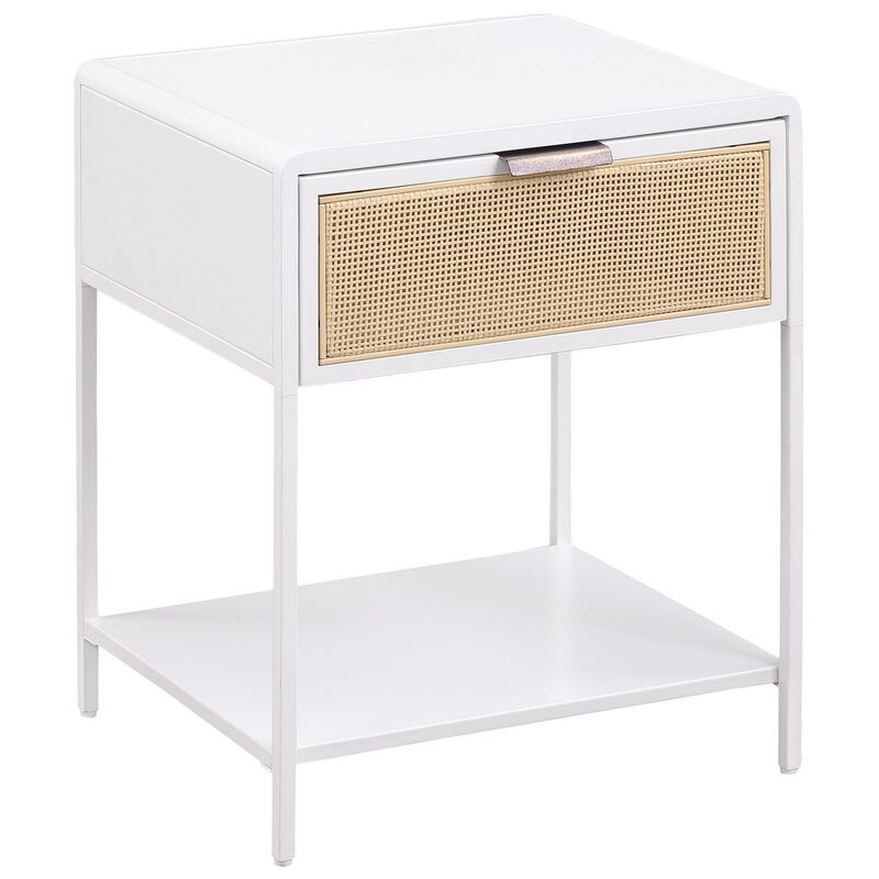 Lanie Bedside Table with Drawer and Open Shelf, PE Cane, White Metal