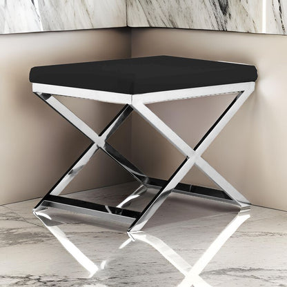 Sovi 20 Inch Accent Stool Ottoman, Steel Legs, Cushioned Black Faux Leather