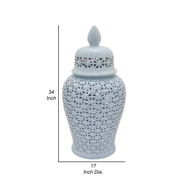 Deni 19 Inch Temple Jar, Small Carved Cut Out Lattice, Lid, Gold Ceramic