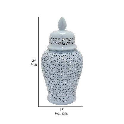 Deni 19 Inch Temple Jar, Small Carved Cut Out Lattice, Lid, Gold Ceramic
