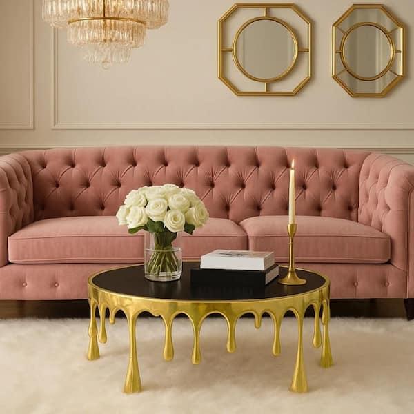 Capri Coffee Table | 36 Inch Round Glass Top | Melting Drip Design | Antique Gold