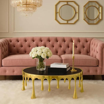 Capri Coffee Table | 36 Inch Round Glass Top | Melting Drip Design | Antique Gold