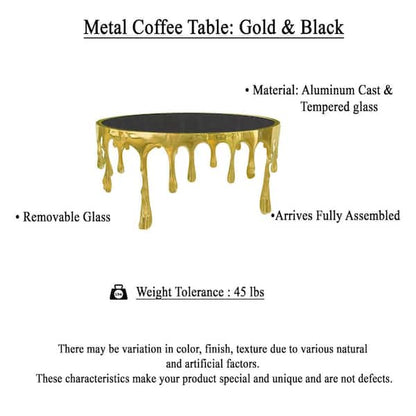 Capri Coffee Table | 36 Inch Round Glass Top | Melting Drip Design | Antique Gold