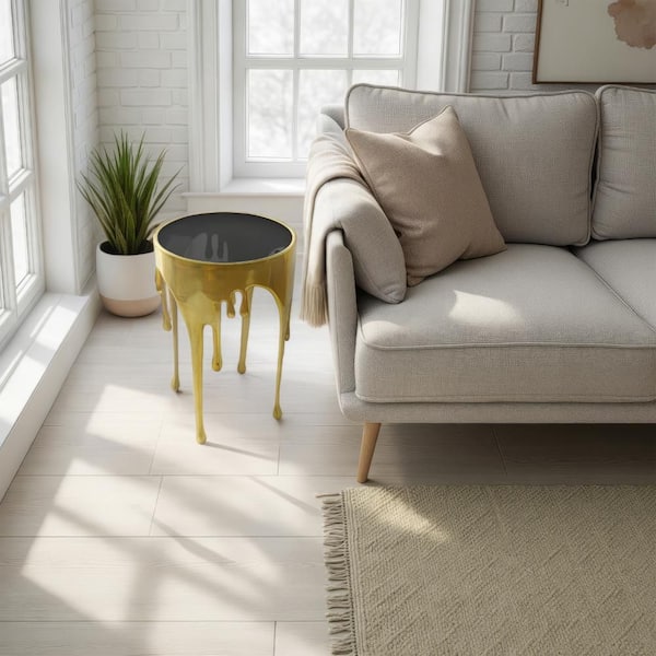 Capri Side End Table | 24.75 Inch Round Glass Top | Melting Drip Design |  Antique Gold
