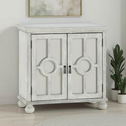 Anik Accent Cabinet, 2 Mirror Inlaid Glass Door, Antique White Wood